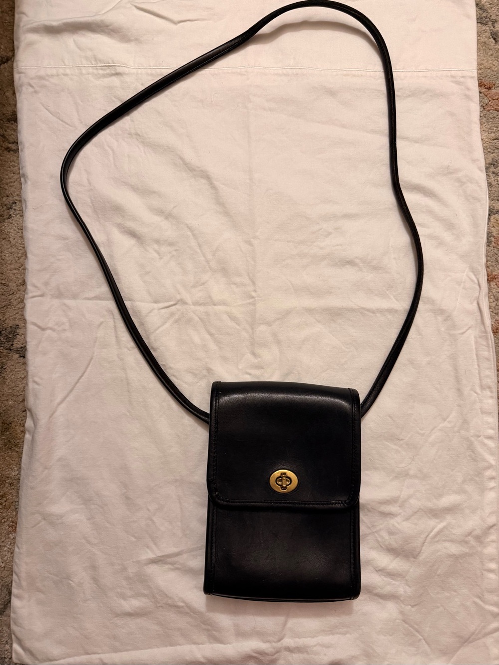 Coach Black Leather Mini Crossbody with Gold Turn-Lock